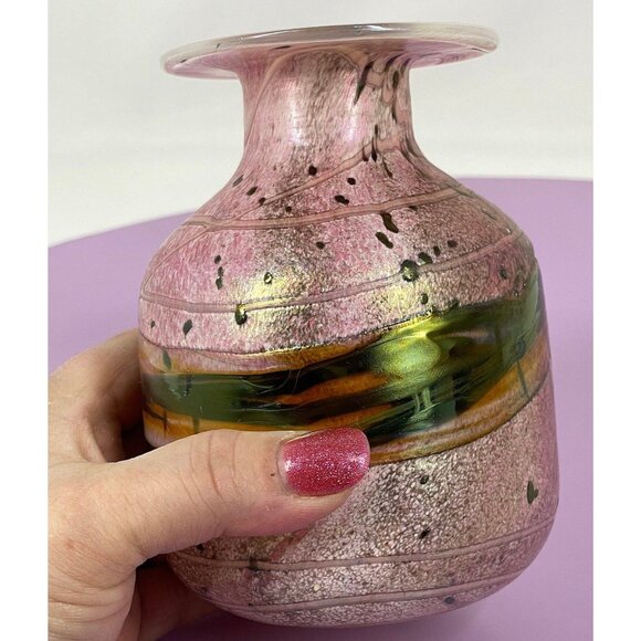 Vintage art glass vase, pink, green, gold, hand blown, signed Gozo Jean - Picture 2 of 10